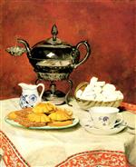 Albert Anker  - Bilder Gemälde - Stillleben mit Tee, Zucker und Schmelzbrötchen