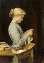 Albert Anker  - Bilder Gemälde - Strickendes Mädchen