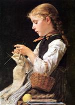 Albert Anker  - Bilder Gemälde - Strickendes Mädchen