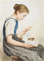 Albert Anker  - Bilder Gemälde - Strickendes Mädchen beim Lesen