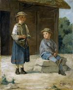 Albert Anker  - Bilder Gemälde - Zwei Kinder vor einer Scheune