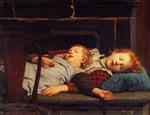 Albert Anker  - Bilder Gemälde - Zwei schlafende Mädchen auf der Ofenbank