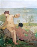 Arnold Böcklin  - Bilder Gemälde - Mädchen und Jüngling beim Blumenpflücken