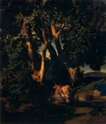 Arnold Böcklin  - Bilder Gemälde - Waldrand mit Kentaur und Nymphe