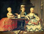 Bild:Group portrait of a boy and two girls building a house of cards with other games by the table