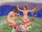 Henri Lebasque  - Bilder Gemälde - Girls with a Garland of Flowers