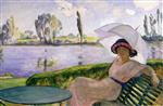 Henri Lebasque  - Bilder Gemälde - Young Woman with Umbrella on the Edge of Water