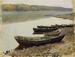 Isaak Iljitsch Lewitan  - Bilder Gemälde - Boats by the Riverbank