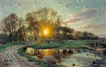 Peder Mønsted - Bilder Gemälde - Heimbringen der Kühe bei Sonnenuntergang