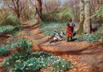 Peder Mønsted  - Bilder Gemälde - Kids picking anemones and violets in a forest with unfolding beeches