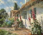 Peder Mønsted  - Bilder Gemälde - Summer day in the garden with a girl knitting