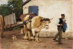 Hugo Mühlig - Bilder Gemälde - Bauernhof mit Ochsenkarren