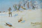 Hugo Mühlig  - Bilder Gemälde - Winterlandschaft mit Hasenjagd