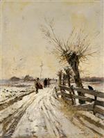 Hugo Mühlig  - Bilder Gemälde - Winterliche Dorfstrasse mit Musikanten