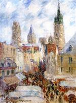 Gustave Loiseau  - Bilder Gemälde - Rue de l'Epicerie in Rouen, Market Day