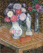 Gustave Loiseau  - Bilder Gemälde - Vases of Flowers with Statue