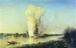 Alexei Petrowitsch Bogoljubow  - Bilder Gemälde - The Explosion of a Turkish Battleship on the Danube