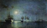 Alexei Petrowitsch Bogoljubow  - Bilder Gemälde - The Night Attack on the Flora Frigate