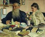 Bild:Der Schriftsteller Leo Tolstoj mit seiner Gattin in Jasnaja