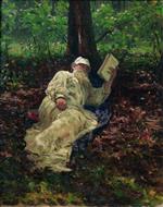 Bild:Leo Tolstoi während einer Rast im Wald