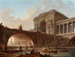 Hubert Robert - Bilder Gemälde - Architectural Capriccio with Bridge and Triumphal Arch