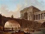 Hubert Robert  - paintings - Architectural Capriccio with Bridge and Triumphal Arch