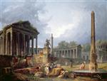 Hubert Robert  - paintings - Architectural capriccio with obelisk