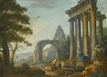 Bild:Architectural capriccio with the Temple of Concordia, Arch of Titus and Pyramid of Caius Cestius