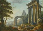 Hubert Robert  - paintings - Architectural capriccio with the Temple of Concordia, Arch of Titus and Pyramid of Caius Cestius