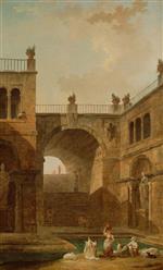 Hubert Robert  - paintings - Architectural Scene with Women Washing Clothes at a Pool