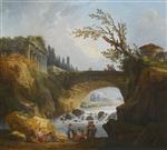 Hubert Robert  - Bilder Gemälde - River Landscape with Washerwomen