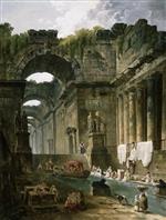 Hubert Robert  - Bilder Gemälde - Ruins of a Roman Bath with Washerwomen