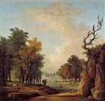 Hubert Robert  - Bilder Gemälde - Wooded River Landscape with a Traveller, a Barking Dog, a Horseman and Women Washing at an Islet