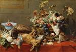 Frans Snyders - Bilder Gemälde - A Basket of Fruit on a Draped Table with Dead Game and a Monkey