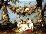 Frans Snyders - Bilder Gemälde - A Garland of Fruit and Vegetables over Four Putti in a Landscape