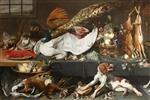 Frans Snyders  - Bilder Gemälde - Larder with Dead Game, a Swan and a Lobster, Fruit, Vegetables and a Pointer Bitch