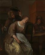 Jan Havicksz Steen - Bilder Gemälde - A Man Blowing Smoke at a Drunken Woman, Another Man with a Wine Pot