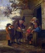 Jan Havicksz Steen - Bilder Gemälde - A Pedlar selling Spectacles outside a Cottage