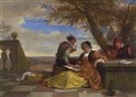 Jan Havicksz Steen  - Bilder Gemälde - Two Men and a Young Woman Making Music on a Terrace