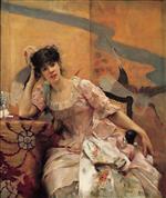 Alfred Emile Stevens  - Bilder Gemälde - Junge Frau und japanischer Wandschirm