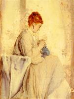 Alfred Emile Stevens  - Bilder Gemälde - Woman Knitting