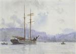 Bild:A topsail schooner off a port at dusk