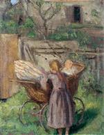 Fritz Uhde  - Bilder Gemälde - Ein Mächen mit Kinderwagen im Garten
