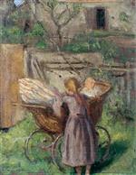 Fritz Uhde  - Bilder Gemälde - Ein Mächen mit Kinderwagen im Garten