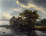 Bild:A Cottage and a Hayrick by a River