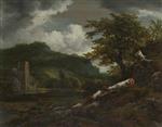 Jacob Isaackszoon van Ruisdael - Bilder Gemälde - A Landscape with a Ruined Building at the Foot of a Hill by a River