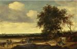 Jacob Isaackszoon van Ruisdael - Bilder Gemälde - A landscape with cavaliers in the foreground, a church beyond
