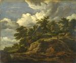 Jacob Isaackszoon van Ruisdael - Bilder Gemälde - A Rocky Hill, Three Cottages and a Stream at its Foot