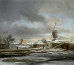 Bild:A winter landscape with a frozen canal and a windmill