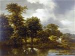 Jacob Isaackszoon van Ruisdael - Bilder Gemälde - A Wooded Landscape with a Pond